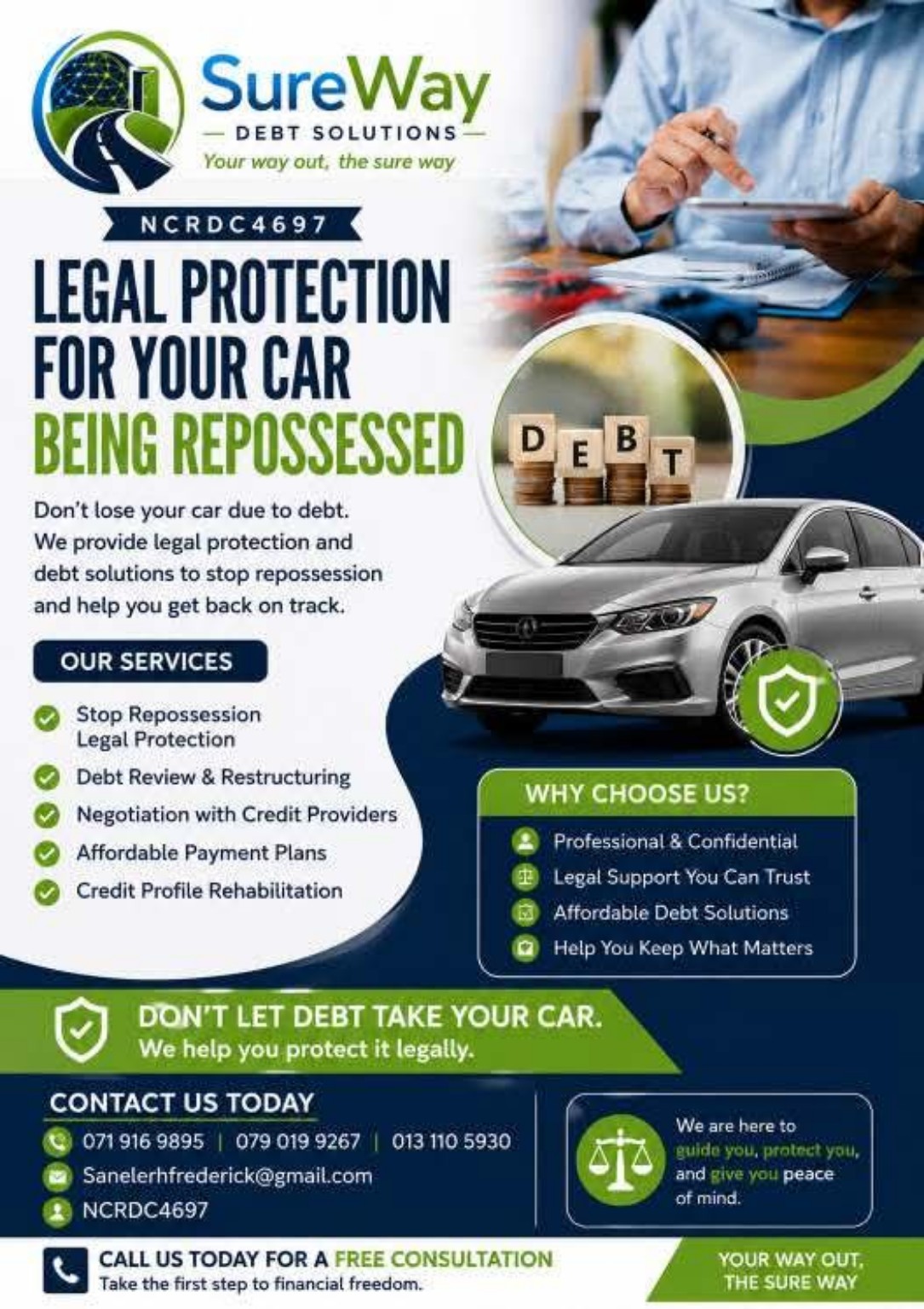 SureWay Debt Solutions promotional poster about vehicle debt concerns